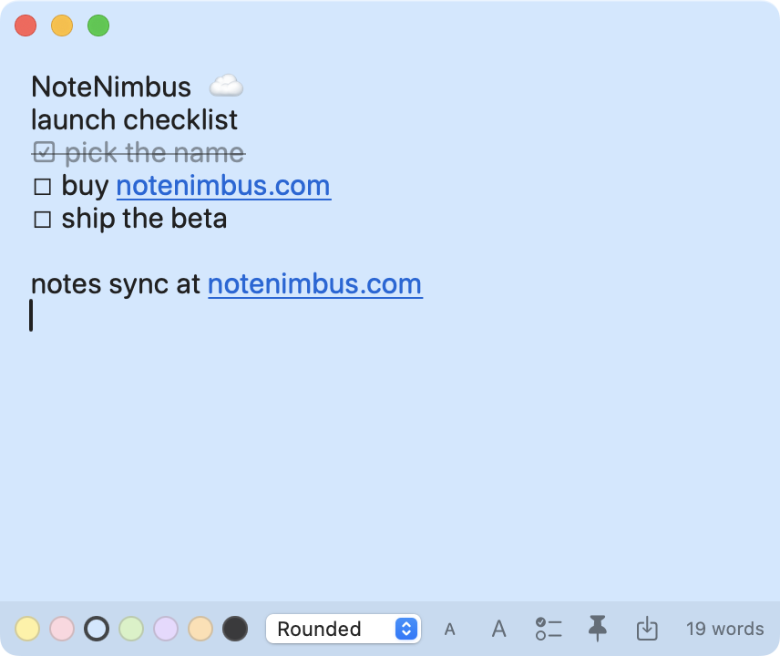 NoteNimbus note on a Mac desktop showing a checklist